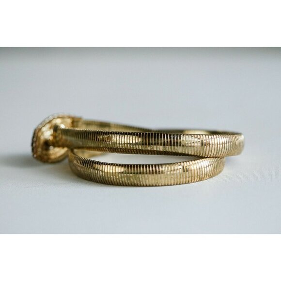Vintage 80s Disco Gold Tone Slinky Belt with Oval Rhinestone Buckle Skinny Belt - Picture 4 of 8